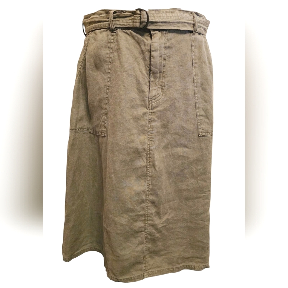 LINEN Artisan NY Olive Green Skirt Pockets Size 10
